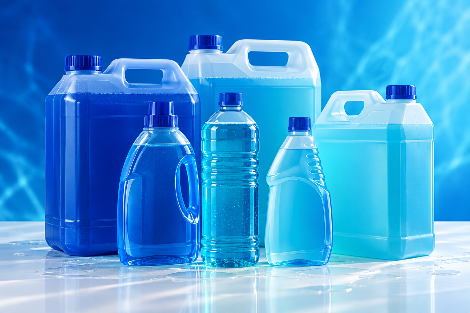 Imagen ilustrativa de bidones y botellas de artículos de limpieza